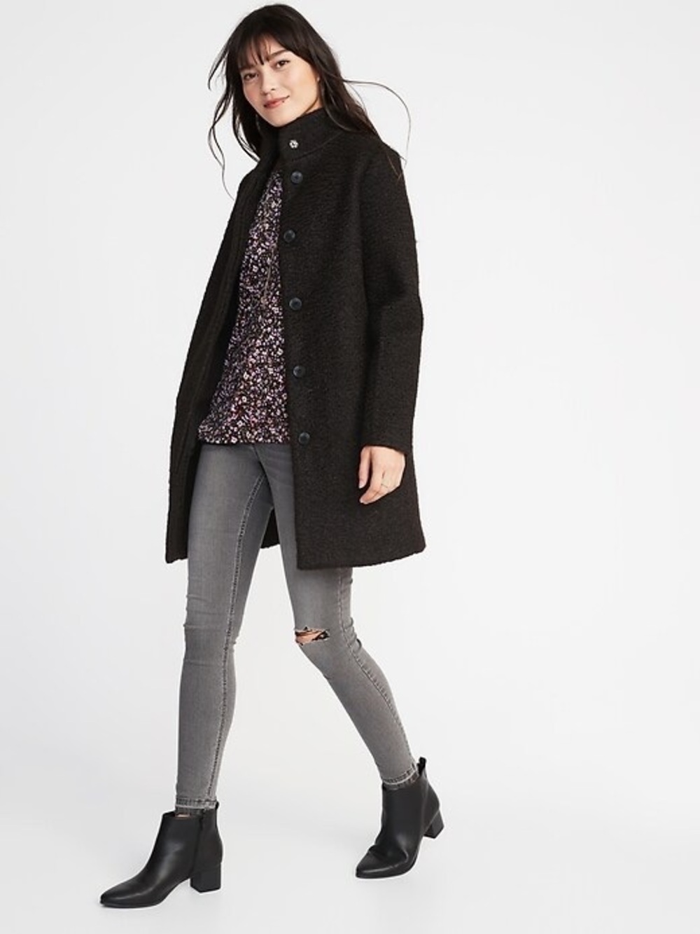 Old Navy Women’s Mock Neck Black Boucle Coat